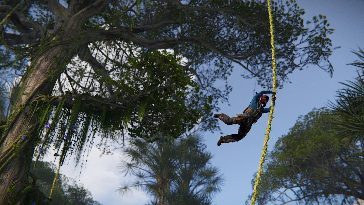 A player swings from a vine in the jungle biome of Rust.